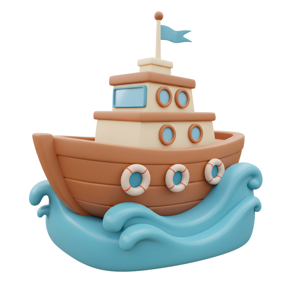 Cute Cartoon Boat Sailing on Waves Illustration Isolated on White png