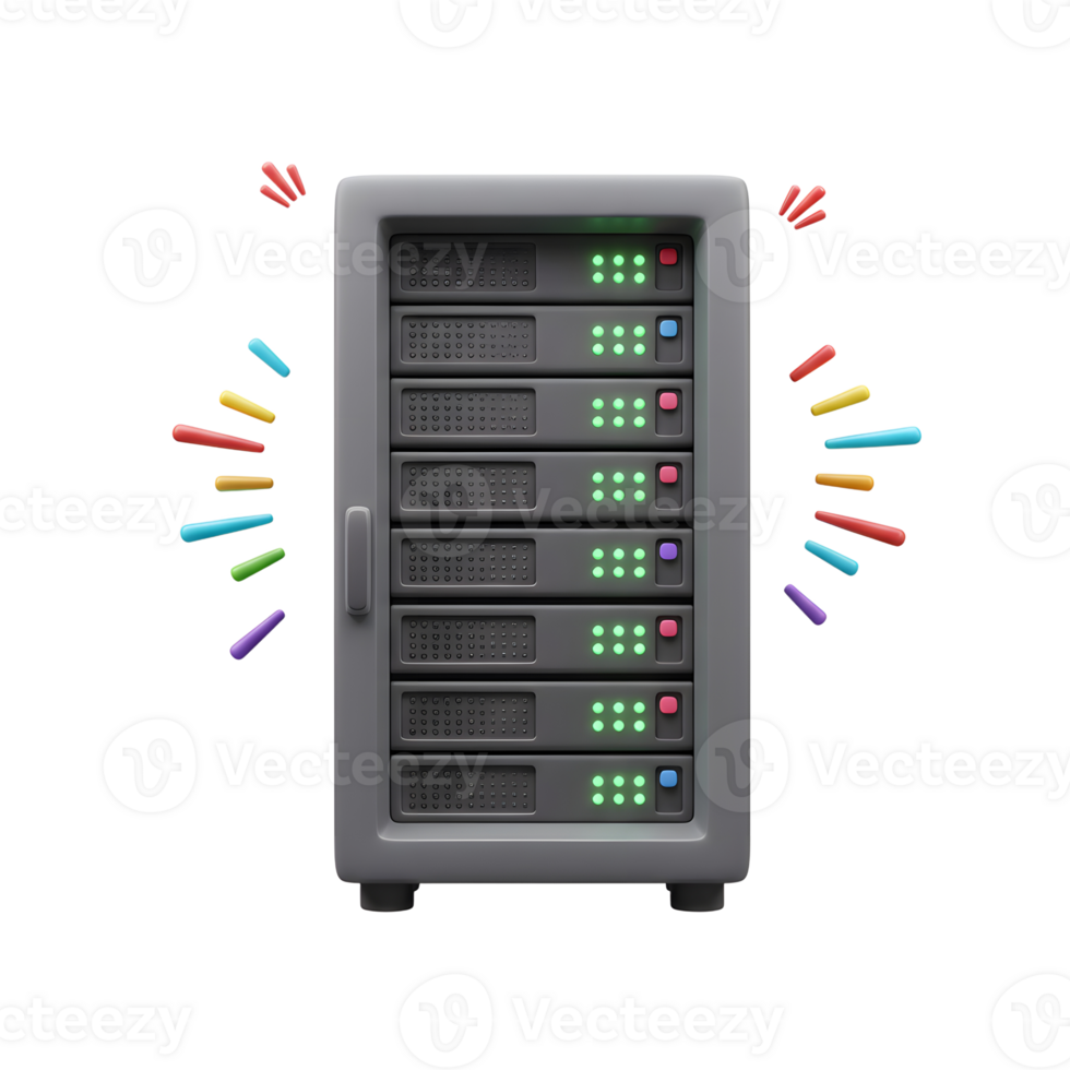 Server Rack with Colorful Visual Data Flow on White Background png