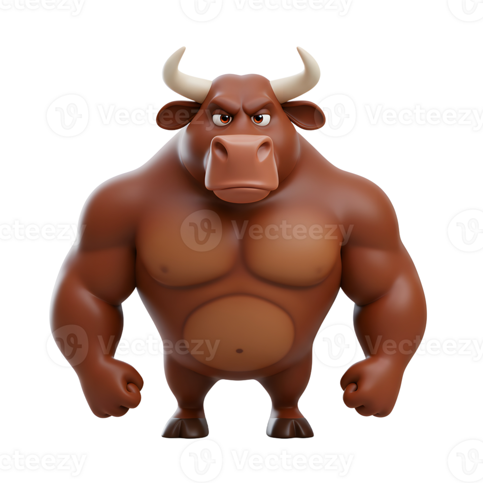 Cartoon Bull Character Standing with a Serious Expression in 3D Rendering png