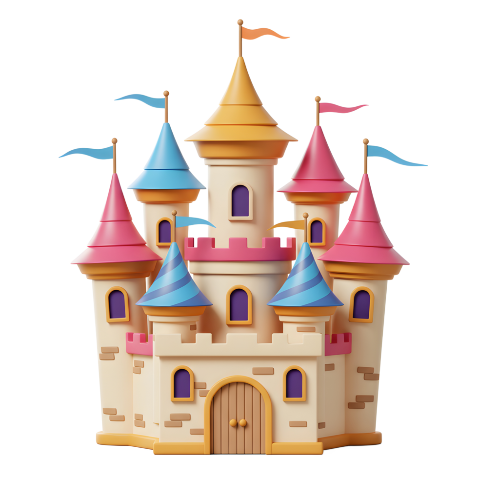 Stylized Colorful Toy Castle Illustration with Towers and Flags on White png