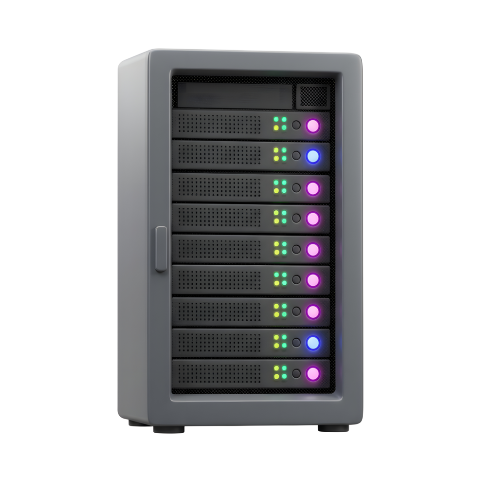 Isolated Server Rack System with LED Lights on a White Background png