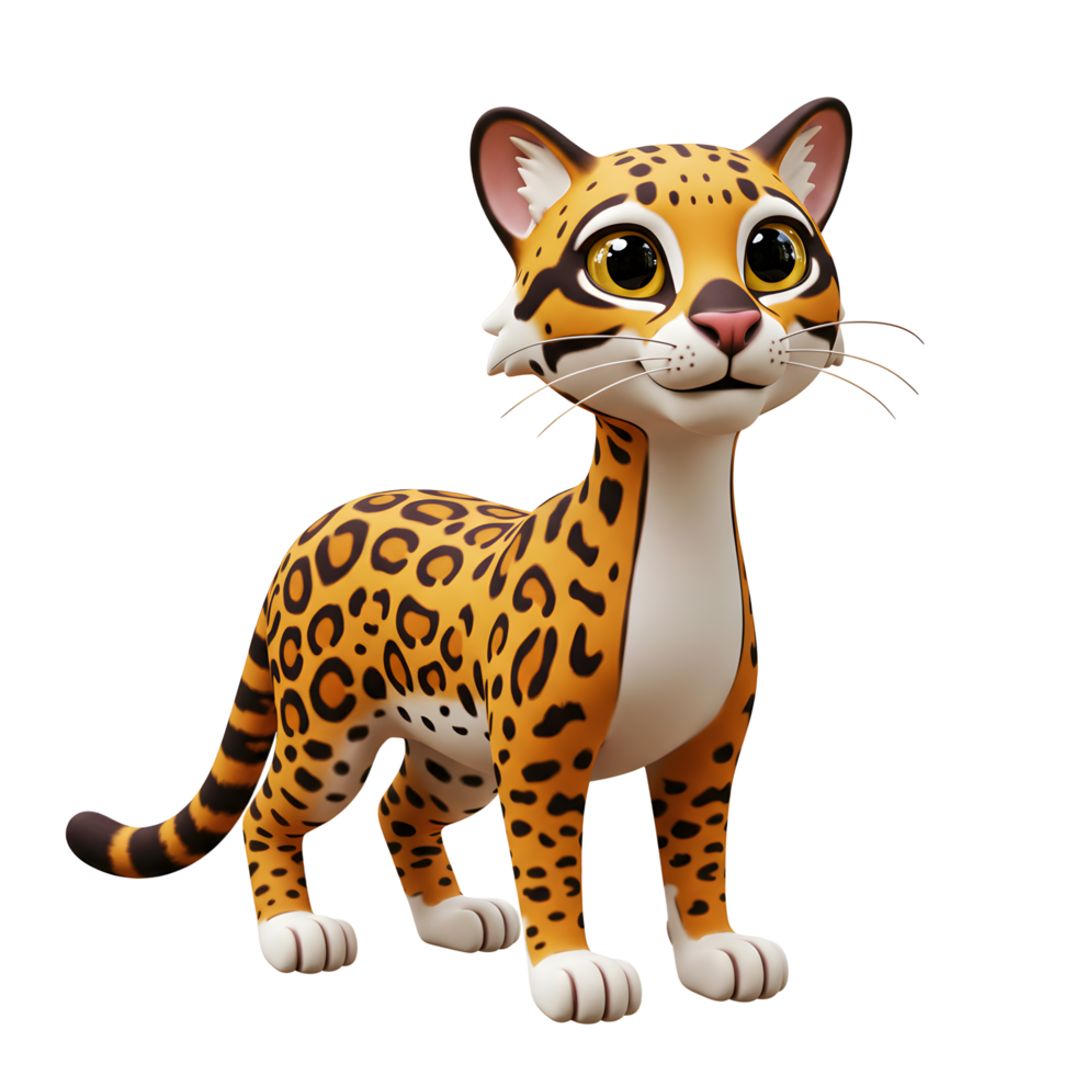 Cartoon Ocelot Standing Upright Posing with Whiskers in 3D Style png