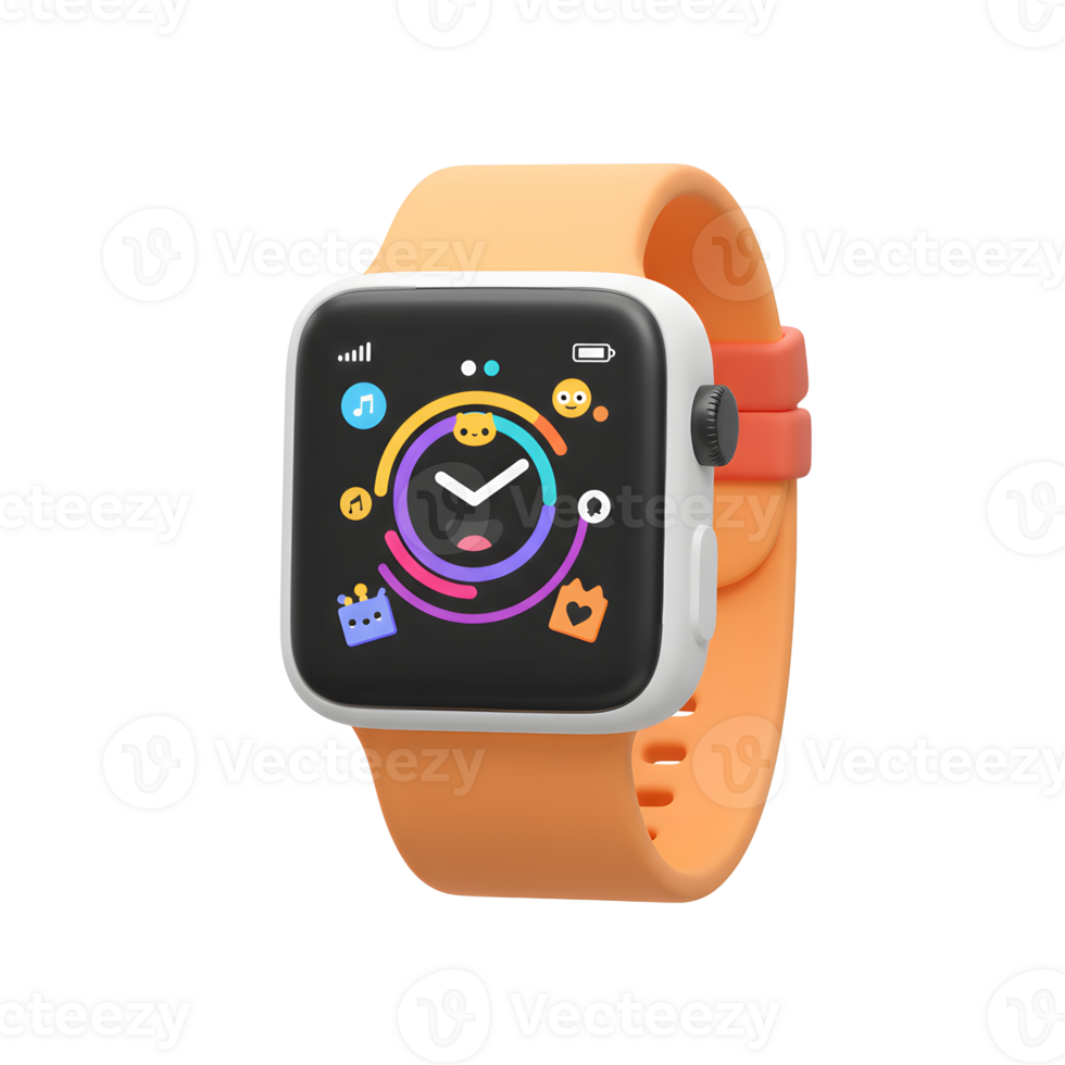 Smart Watch with Orange Band and Cartoon Icon Display Technology png