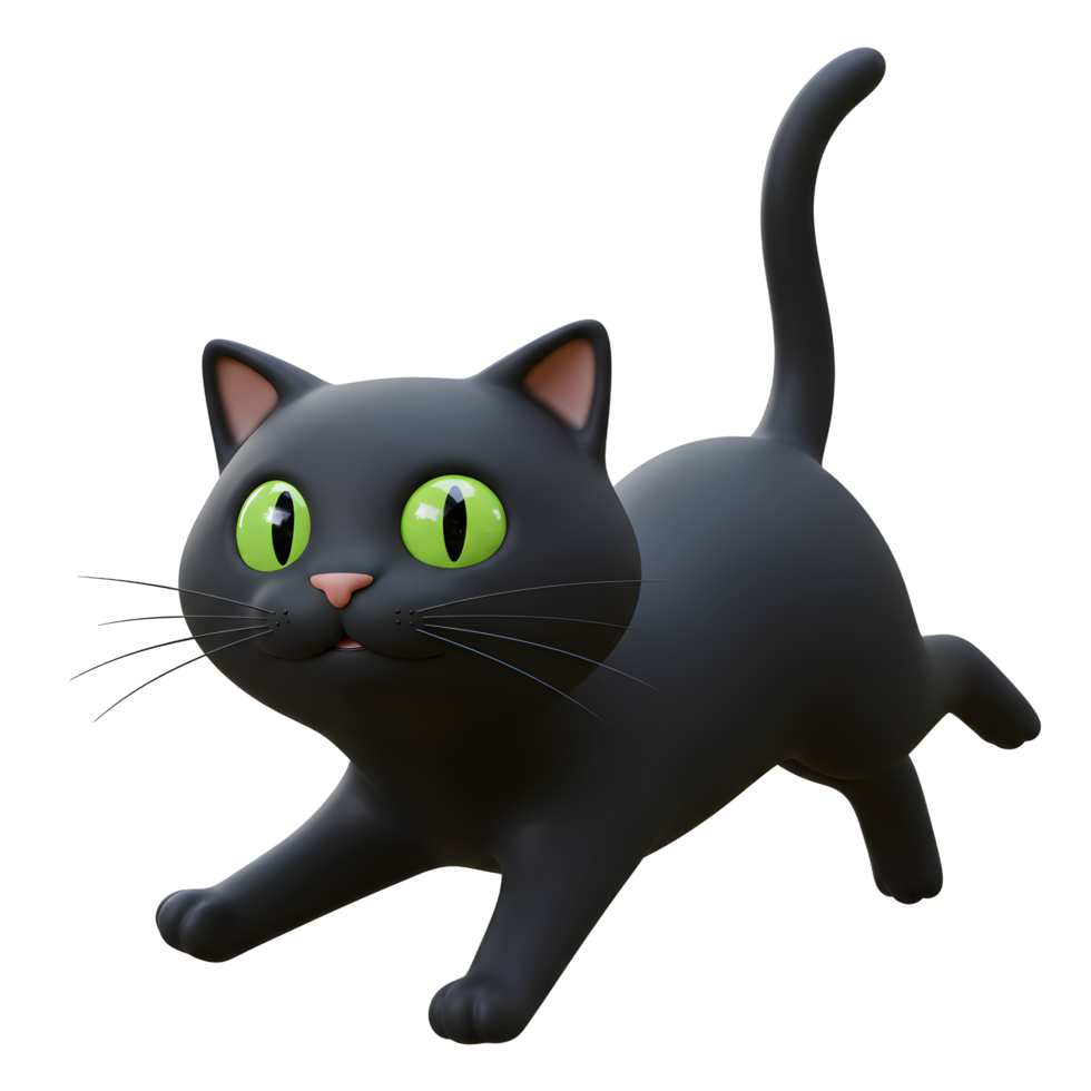 Cartoon Black Cat Stretching with Green Eyes on White Background png