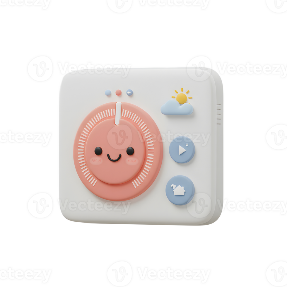 Cute Smart Home Device with Smiling Thermostat and Weather Icons png
