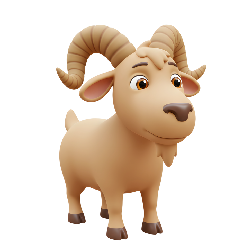 Cartoon Mountain Goat with Curved Horns Standing on White Background png