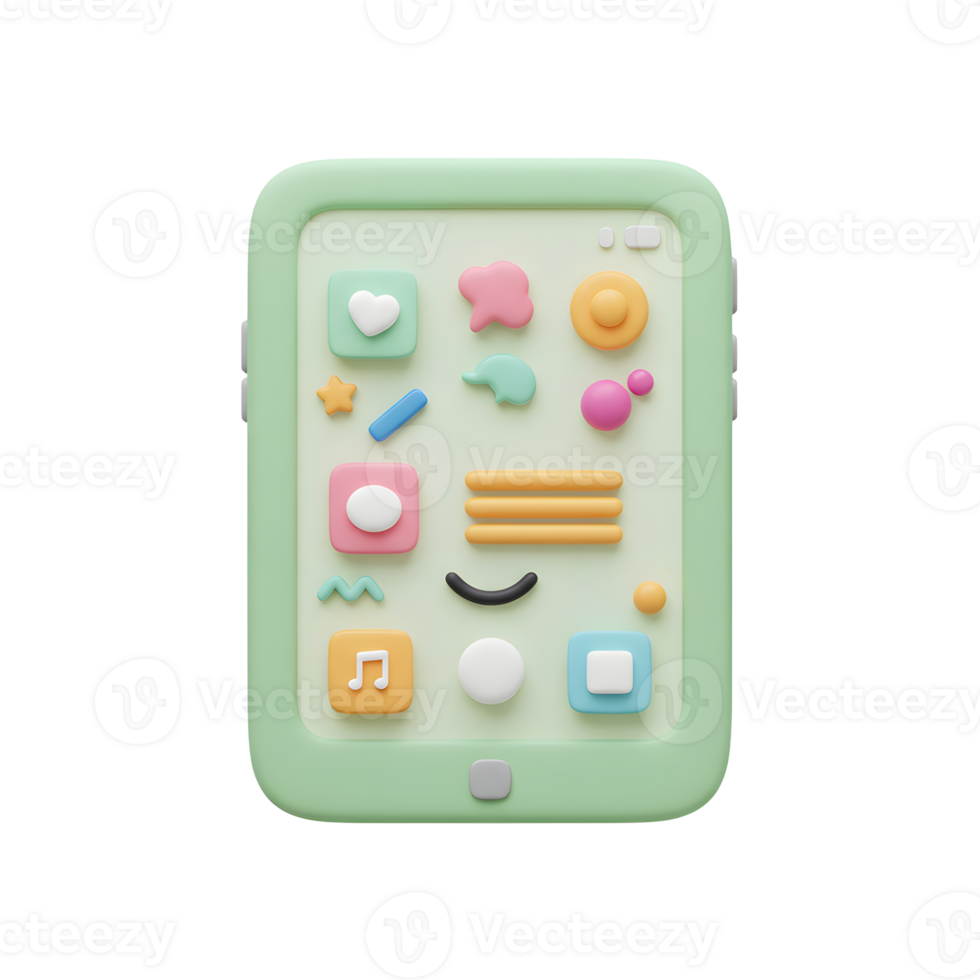 Cartoon Style Tablet Displaying Colorful App Icons Isolated on White png