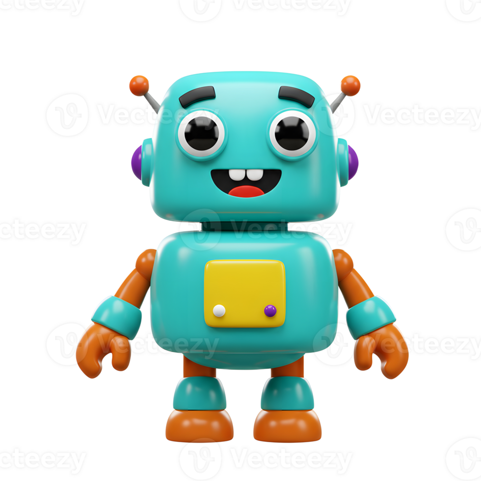 Cute Cartoon Robot Character Smiling with Turquoise Body and Orange Limbs png