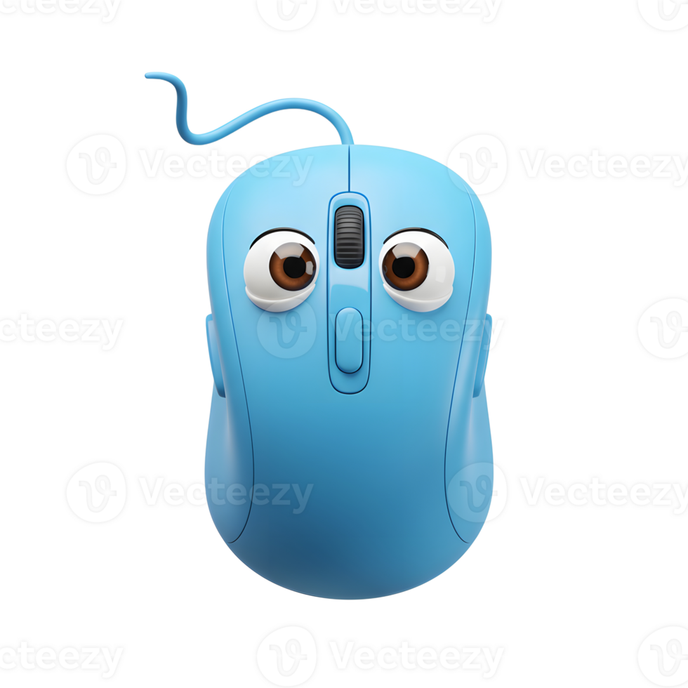 Funny Blue Computer Mouse Character with Googly Eyes and Cord png