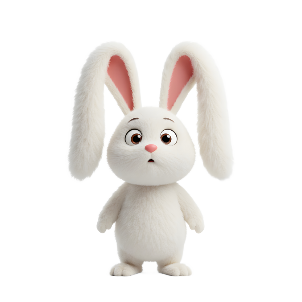 Cute Fluffy White Bunny Character Standing with Surprised Expression on White Background png