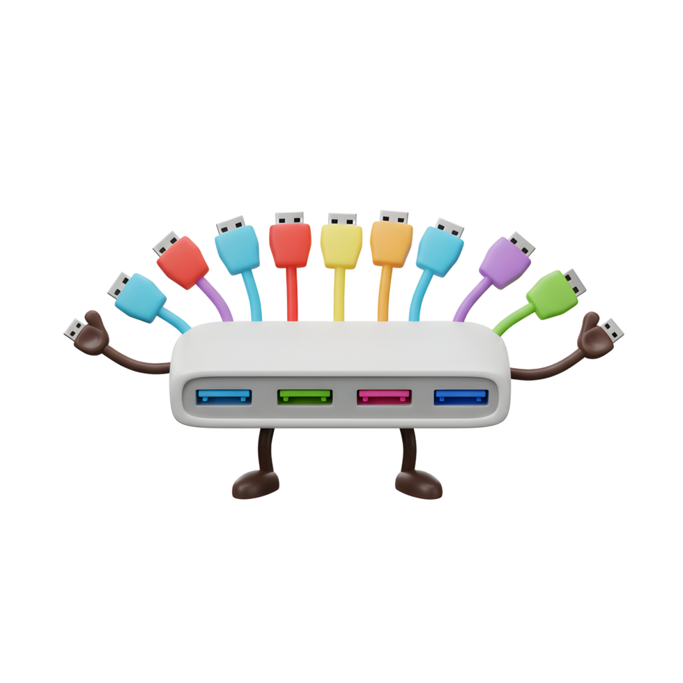Fun USB Hub Cartoon Character with Colorful Cables Illustration png
