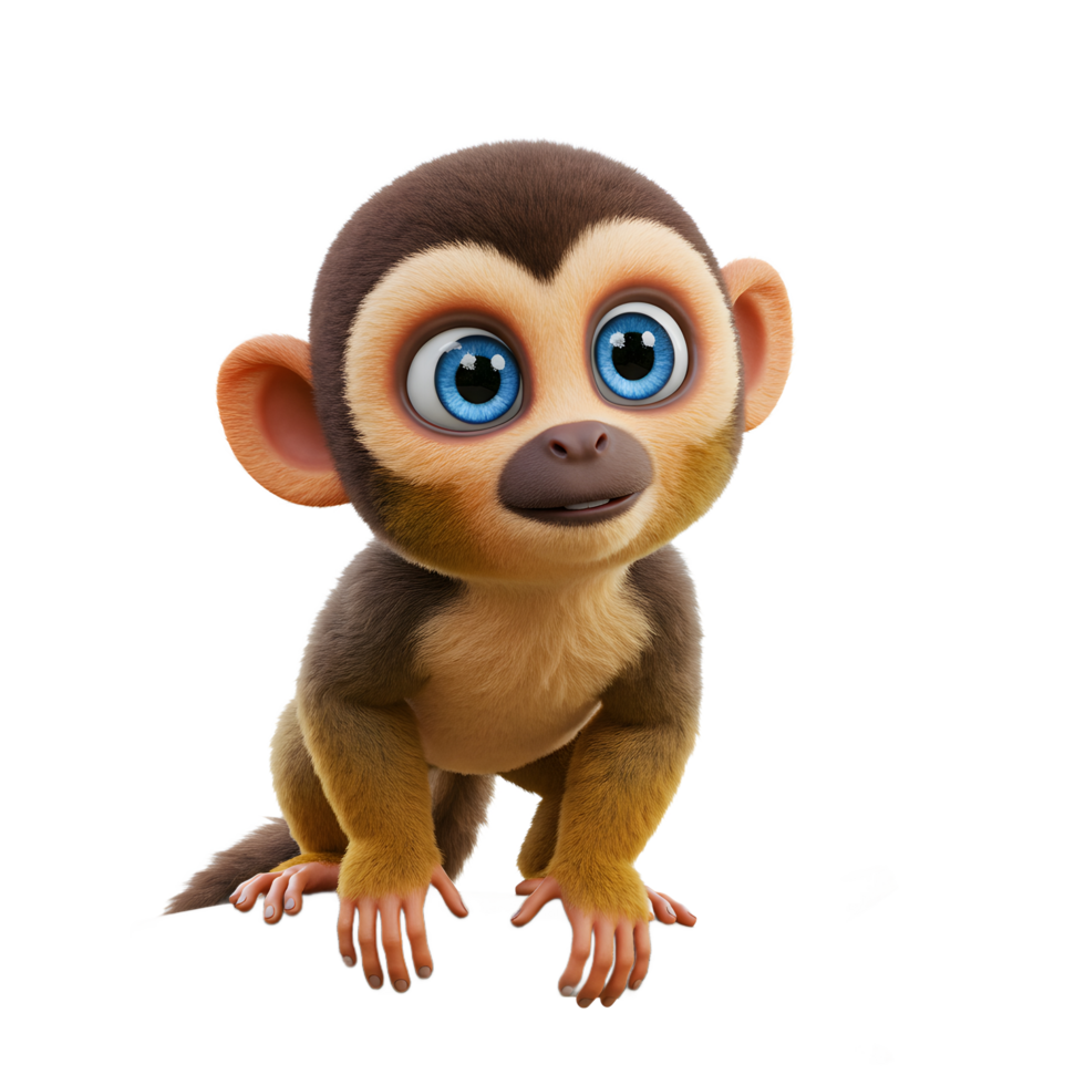 Cartoon Baby Monkey Posing on Branch with Big Blue Eyes Smiling png