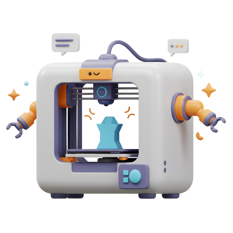 3D Printer Creating Object with Robotic Arms and Message Bubbles png