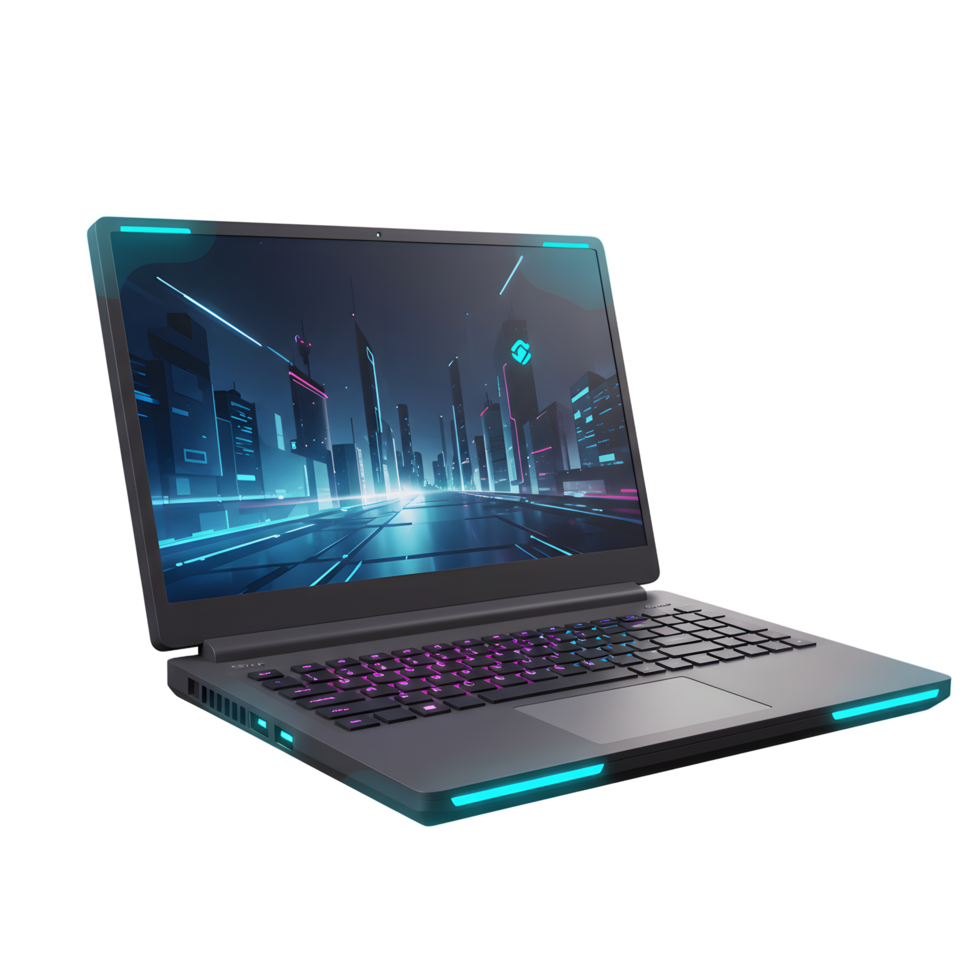 Modern Laptop Displaying Futuristic Cityscape with Neon Accents for Technology Concept png