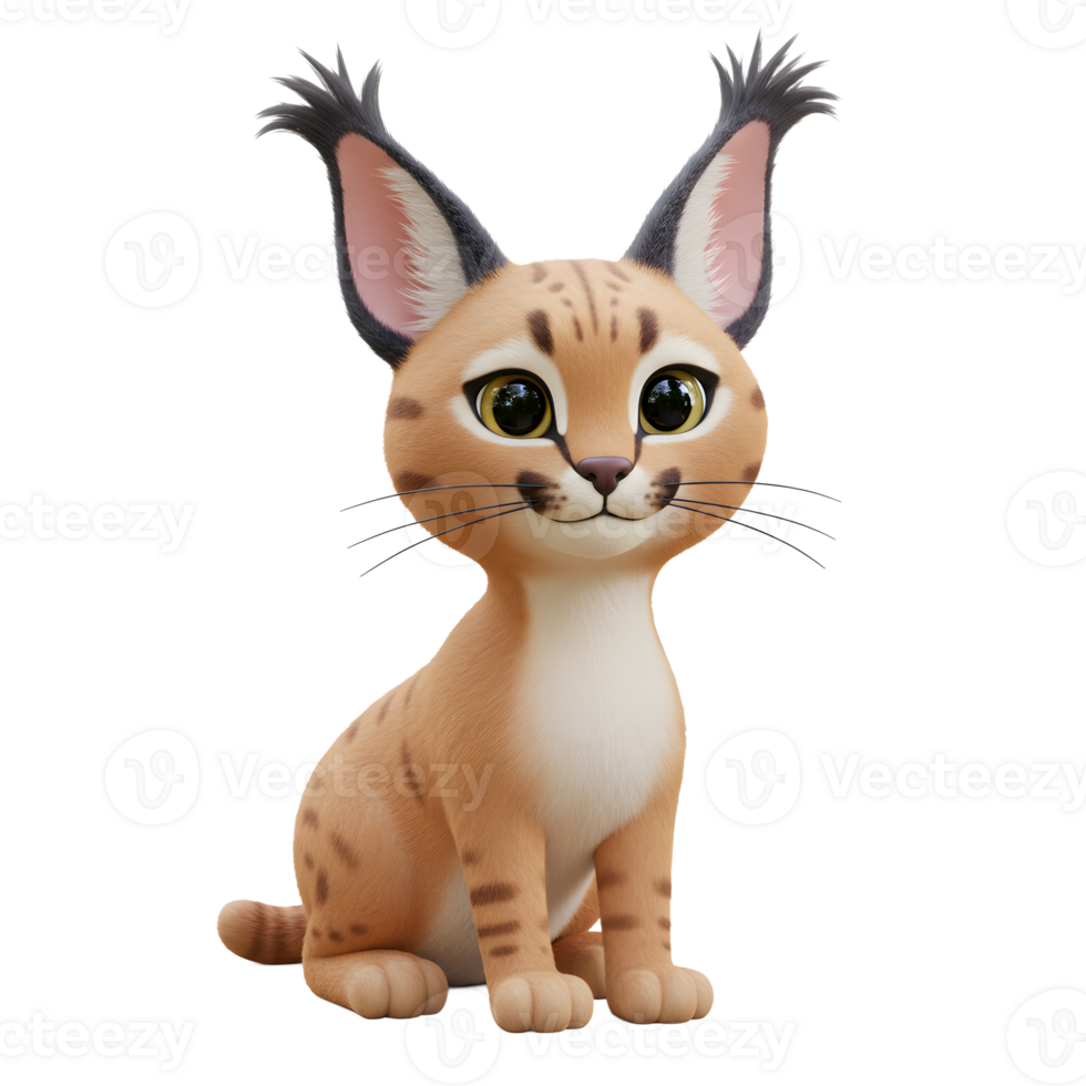 Cartoon Caracal Kitten Sitting Posing on White Background with Playful Expression png