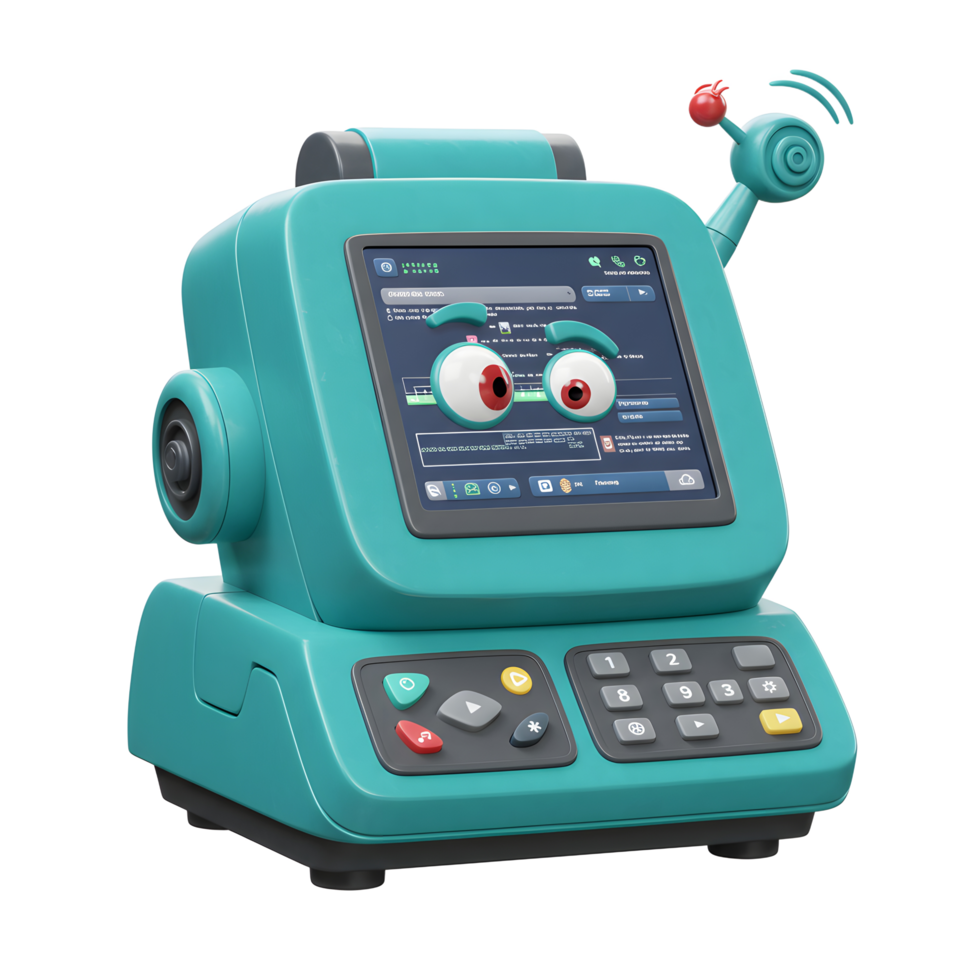 Cute Cartoon Robot with Eyes on Screen and Buttons on Base png