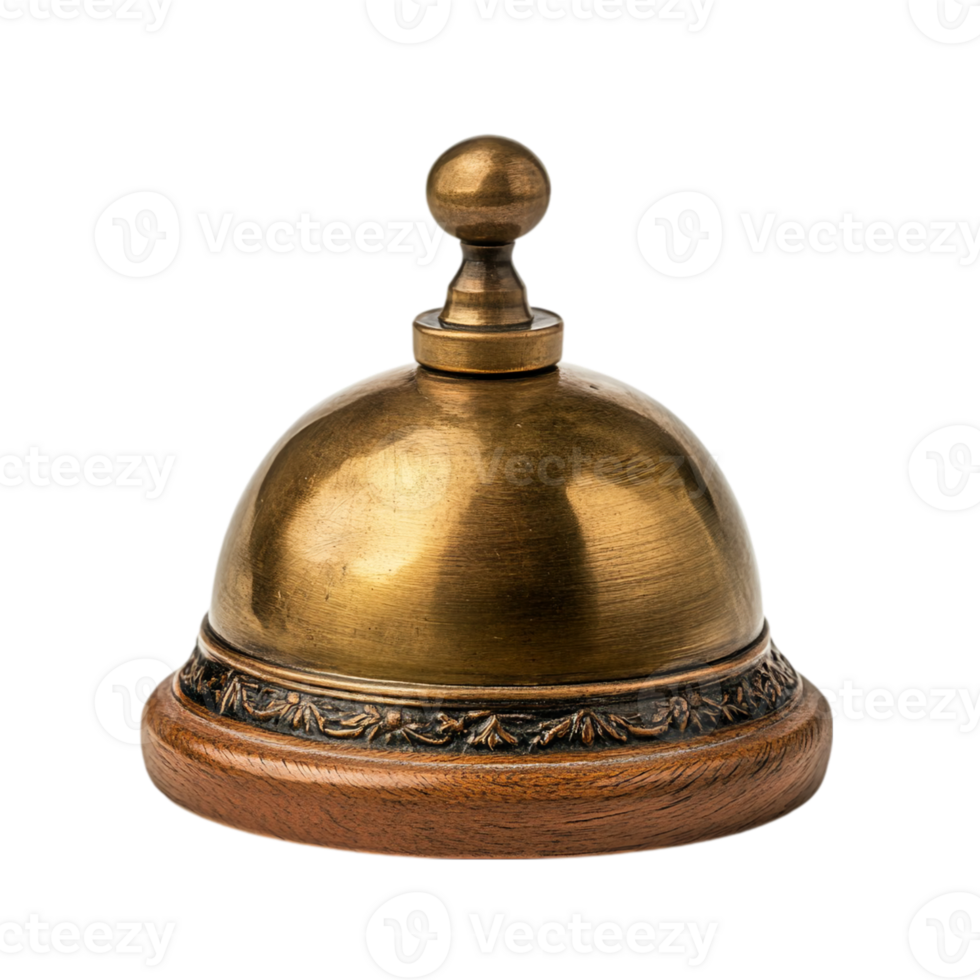 A brass bell on a wooden base transparent background png
