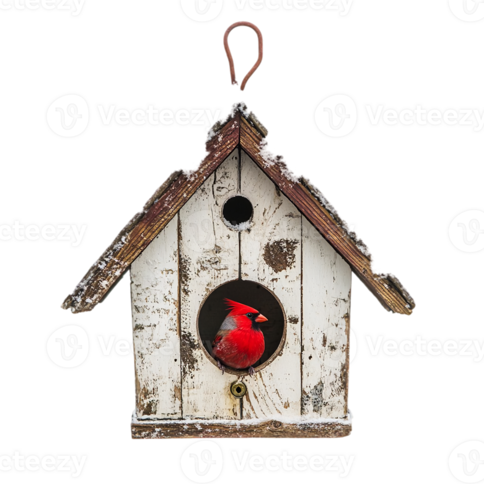 Northern Cardinal Winter Birdhouse Scene red art isolated on transparent background png