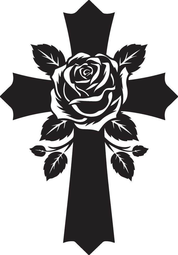 a black and white cross with a rose on it vector