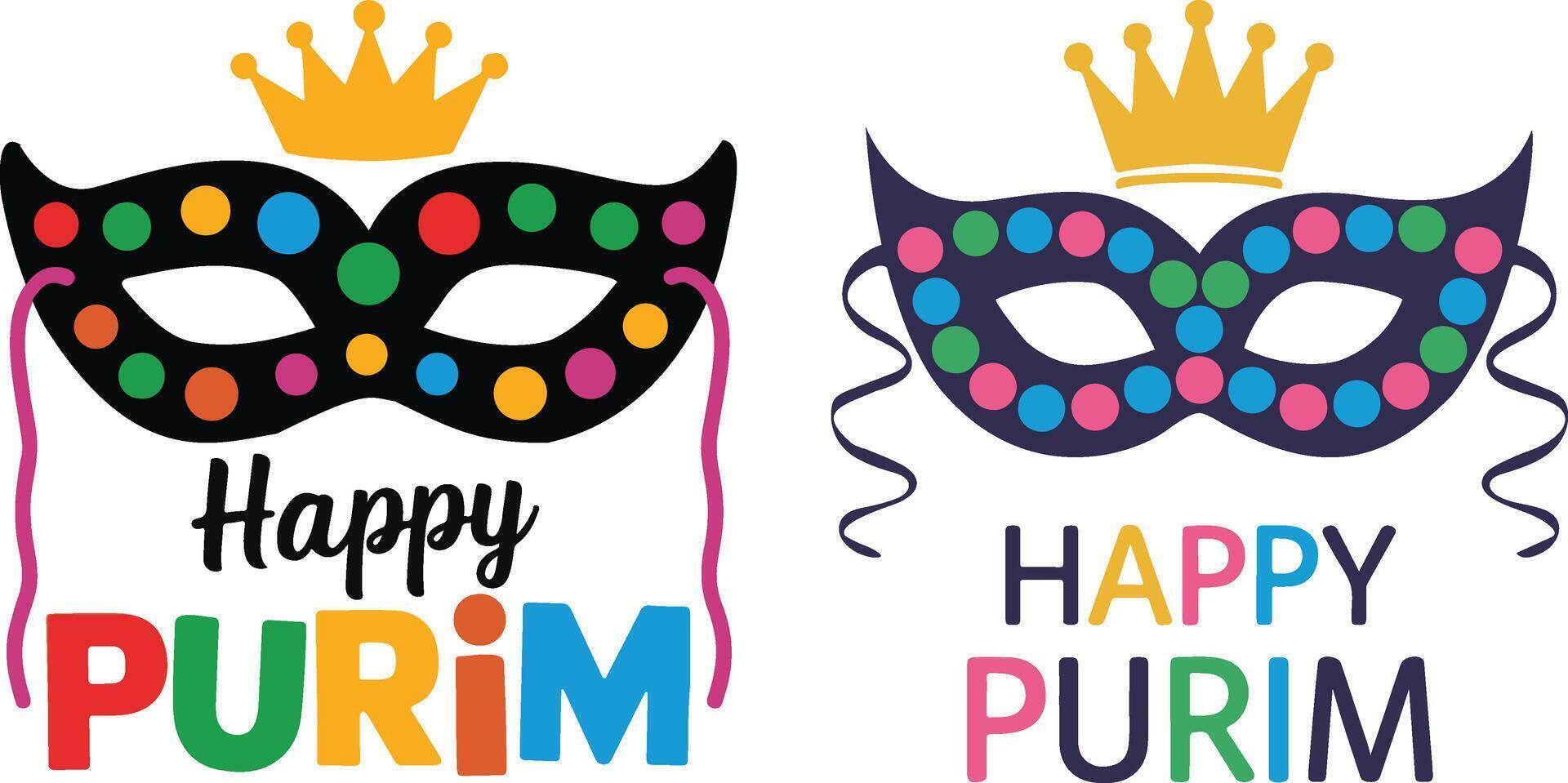 two masks with happy purim written on them vector