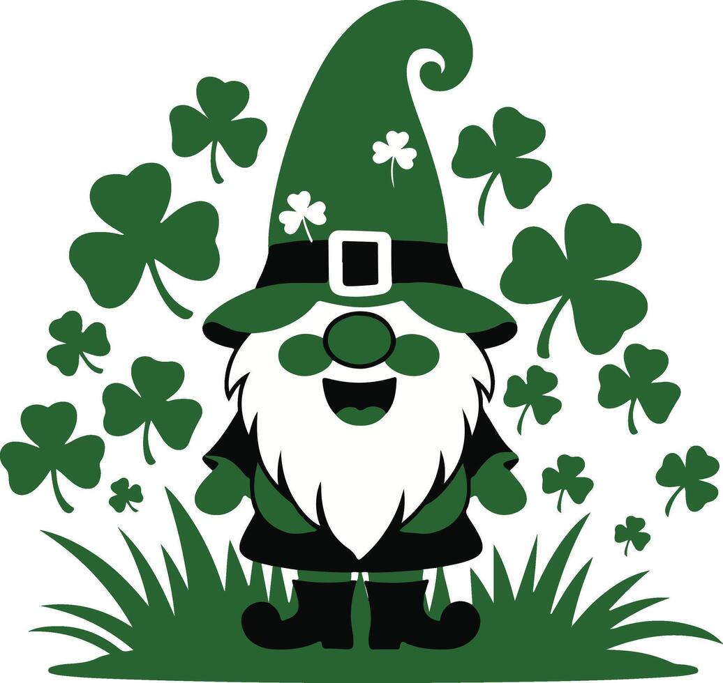 a cartoon st patrick's day gnome with shamrock leaves vector