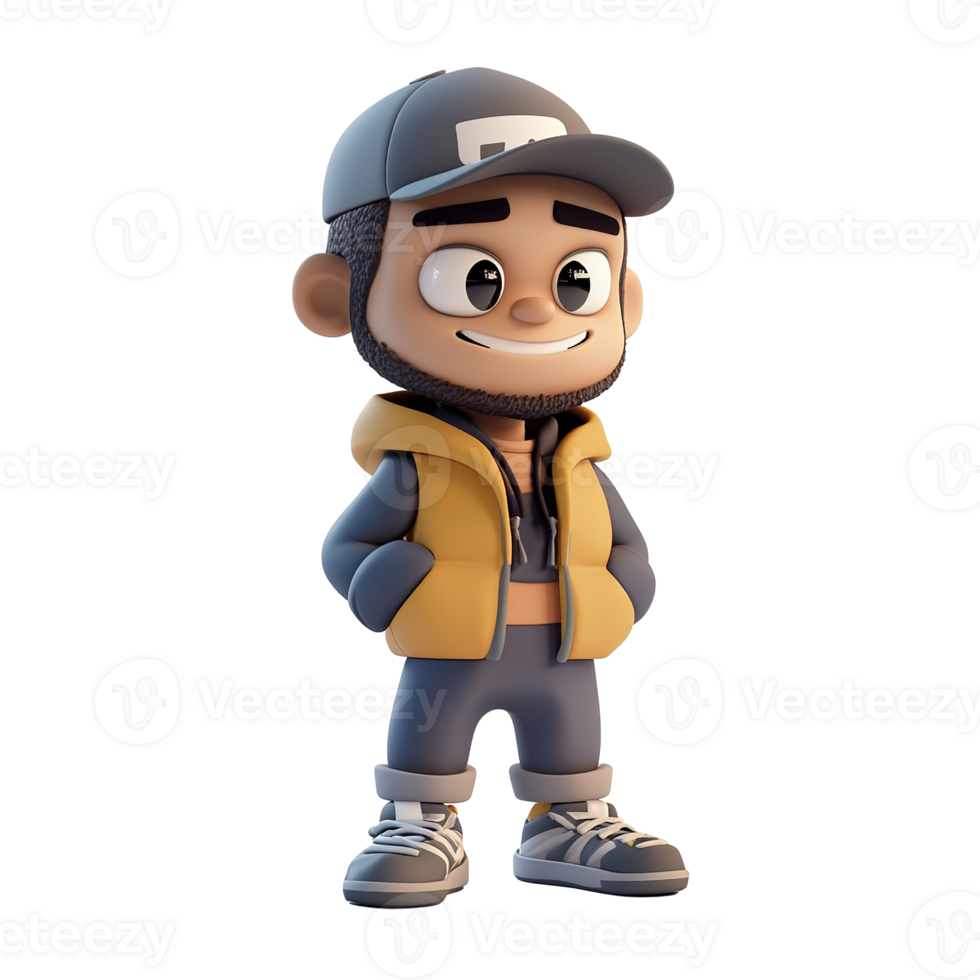 A happy cartoon boy wearing a yellow vest and cap, Isolated on Transparent Background. png
