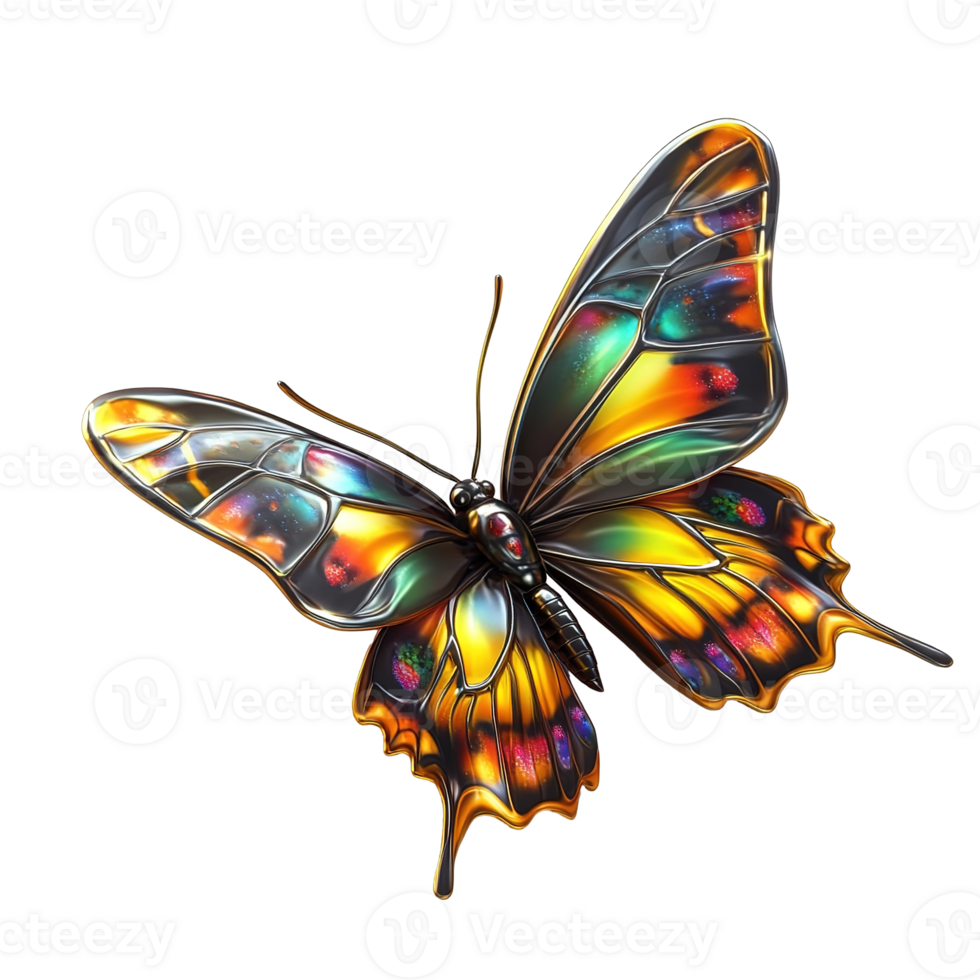 A vibrant iridescent metallic butterfly in flight, Isolated on Transparent Background. png
