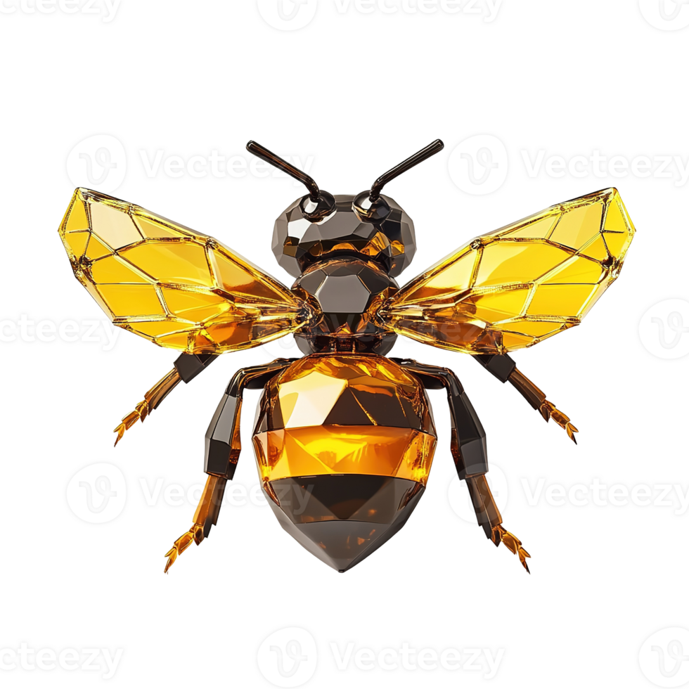 A Geometric Golden Bee Rendered In Three Dimensions Isolated on Transparent Background. png