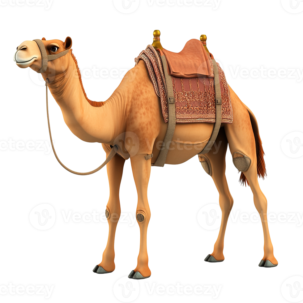 A Cartoon Camel Wearing A Decorated Saddle Isolated on Transparent Background. png