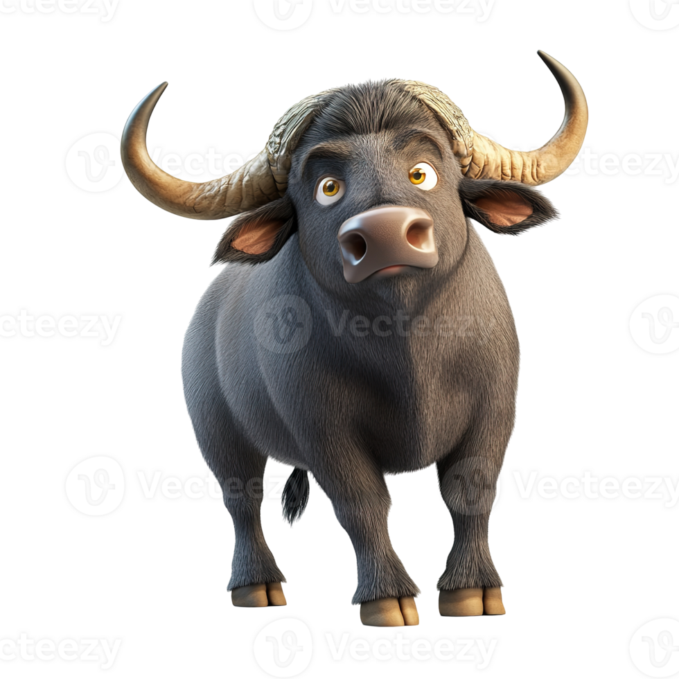 A Curious Cartoon Water Buffalo Stands Tall Isolated on Transparent Background. png