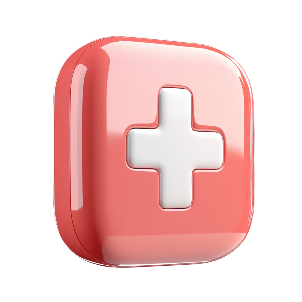 A glossy coral medical kit icon with a white cross Isolated on Transparent Background. png