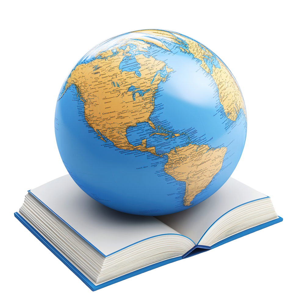 Globe resting on an open book representing global knowledge, Isolated on Transparent Background. png