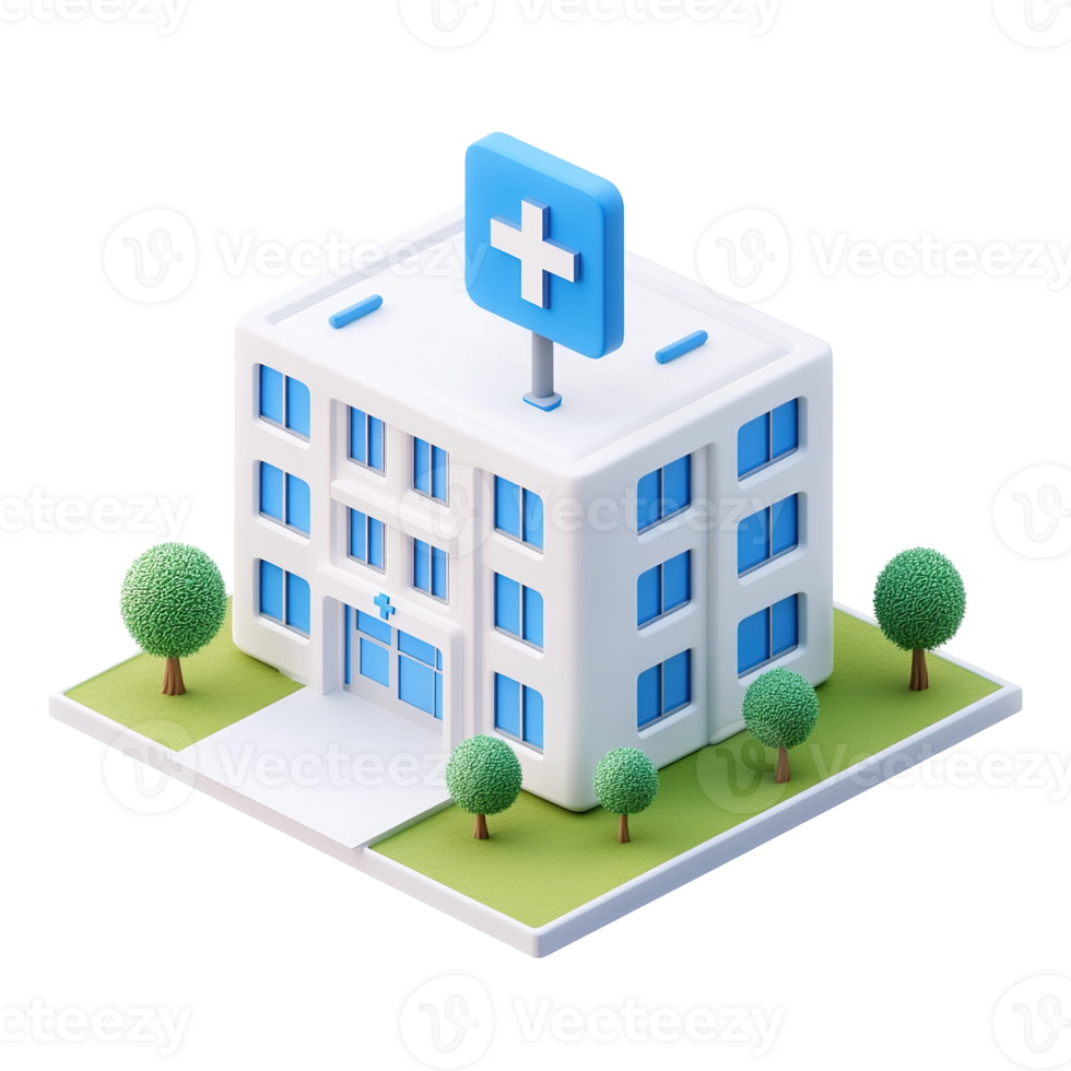 Isometric Model of a Modern Hospital Building Isolated on Transparent Background. png