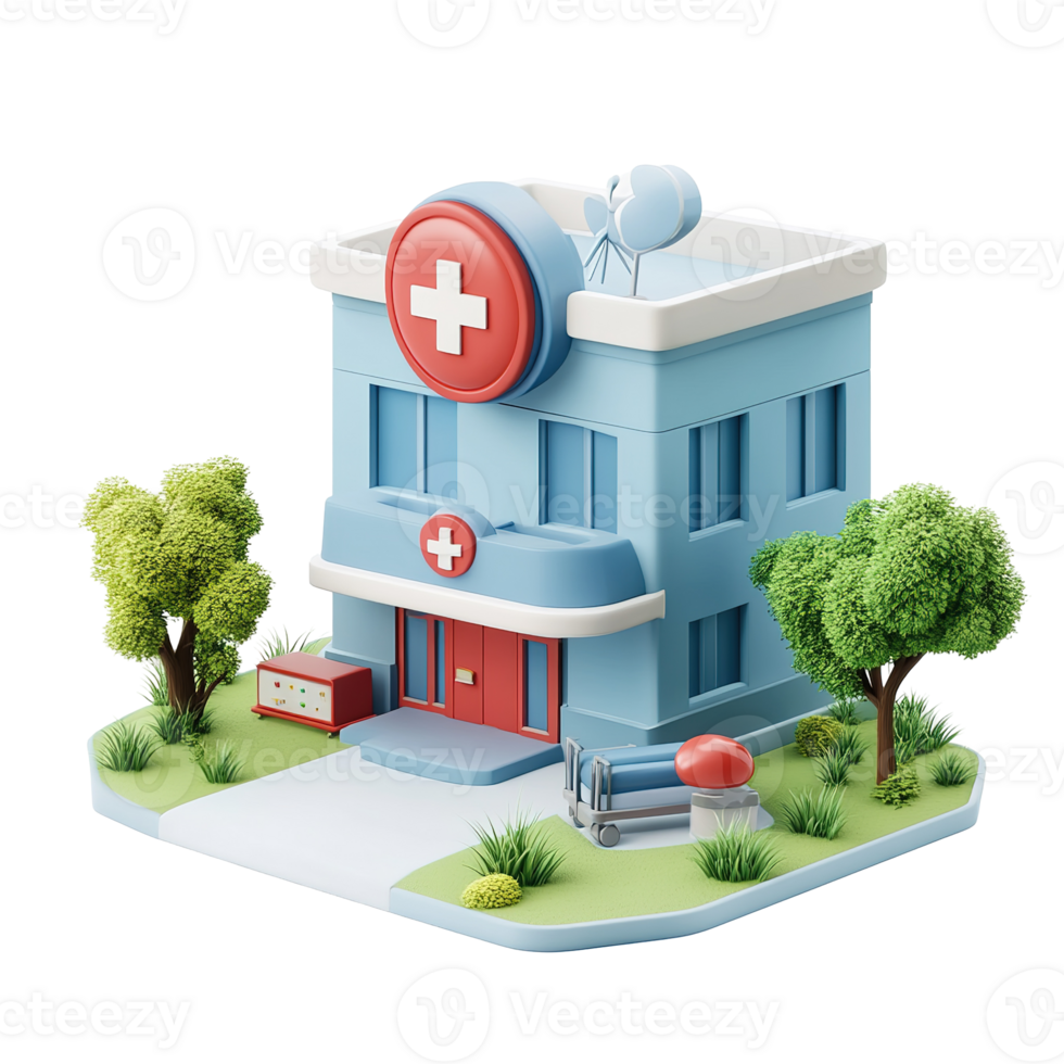 A Cartoon Style Hospital Building with Trees Isolated on Transparent Background. png