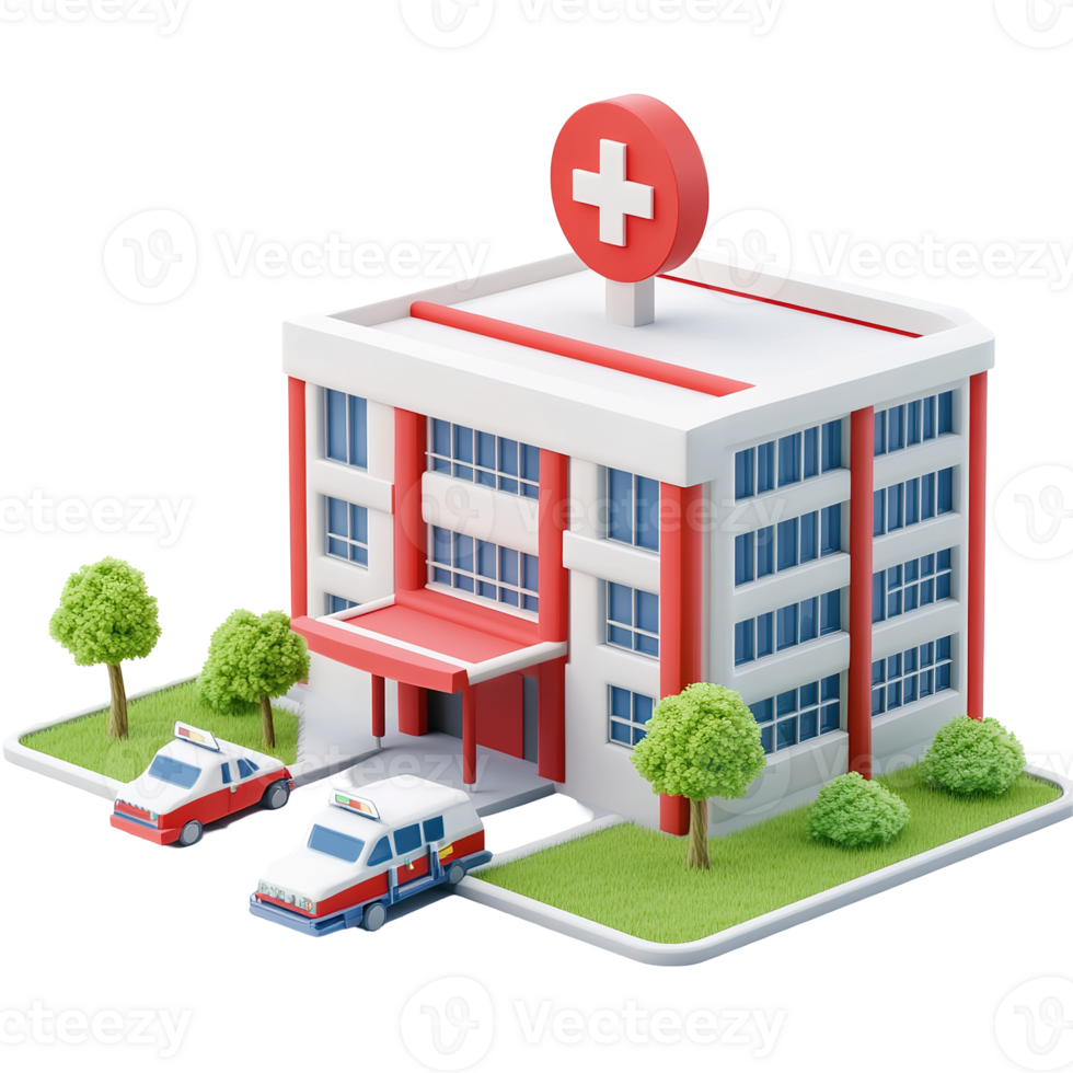 A Red and White Hospital Building with Two Ambulances Isolated on Transparent Background. png