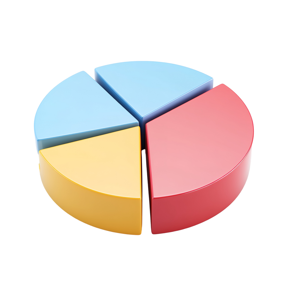 A three dimensional pie chart shows data segments Isolated on Transparent Background. png