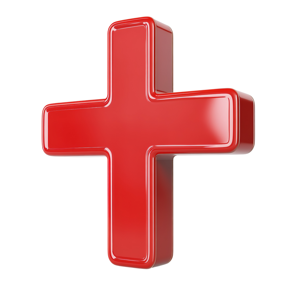A Red Three Dimensional Plus Symbol Isolated on Transparent Background. png