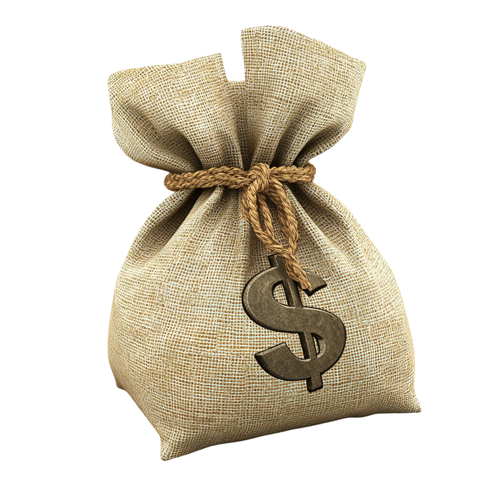 A burlap money bag with a dollar sign. Isolated on Transparent Background. png