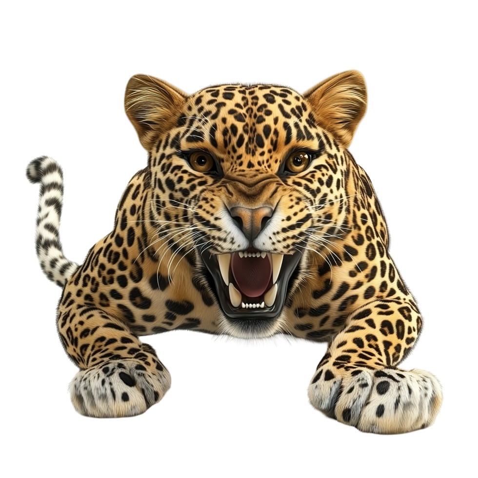 A snarling jaguar displays its powerful teeth and spots Isolated on Transparent Background. png