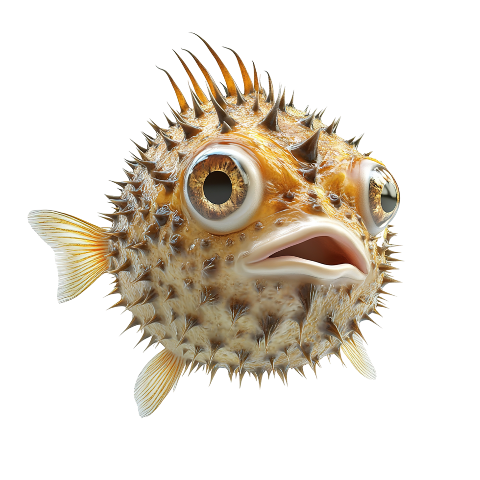 A spiky pufferfish with large eyes shows surprise Isolated on Transparent Background. png