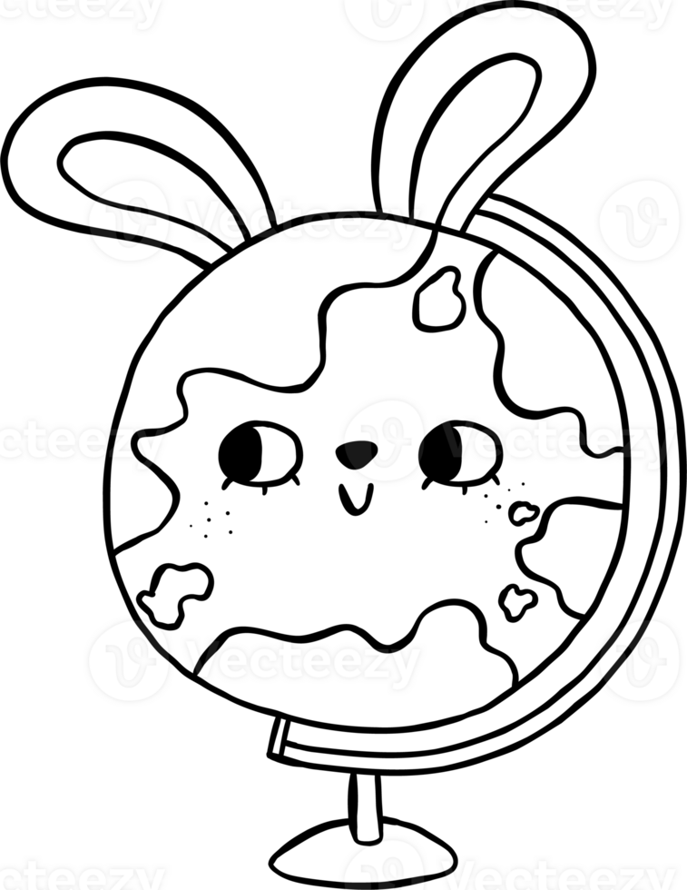 Easter School Bunny World Globe Cartoon Hand Drawn Outline black and white png