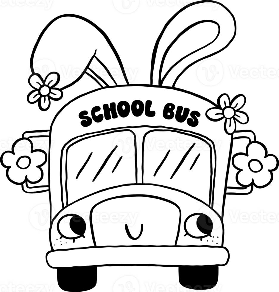 Easter School Bus with Bunny Ears Cartoon Hand Drawn Outline black and white png