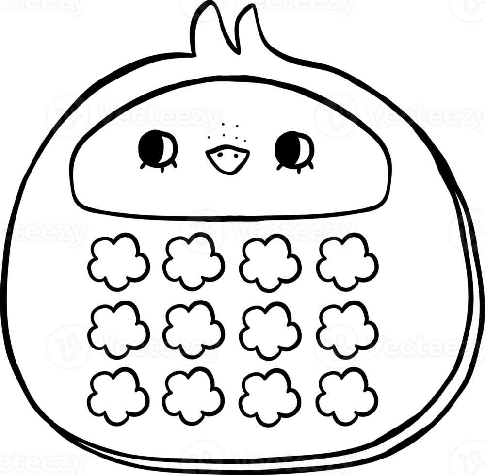 Easter School Calculator Chicken Cartoon Hand Drawn Outline black and white png