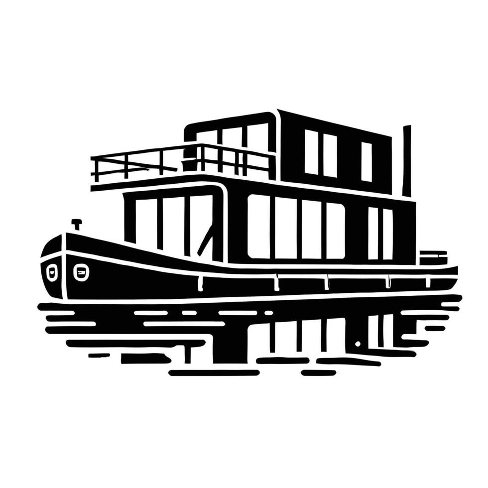 A black and white illustration of a houseboat vector