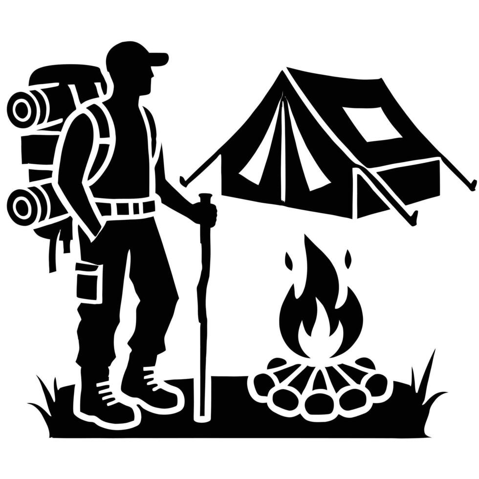 Camping silhouette with man and tent vector