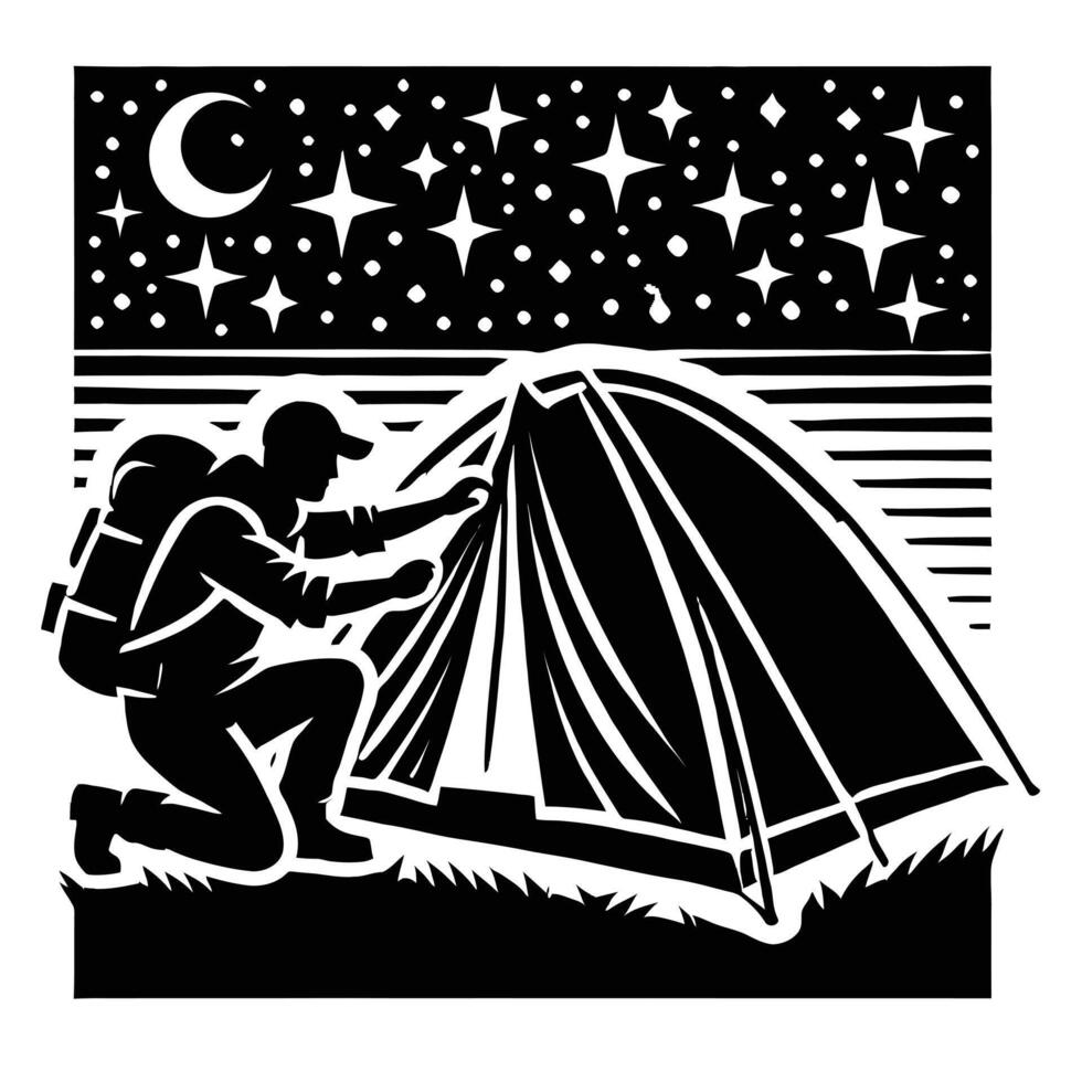 A man with a backpack and tent in front of a starry night sky vector