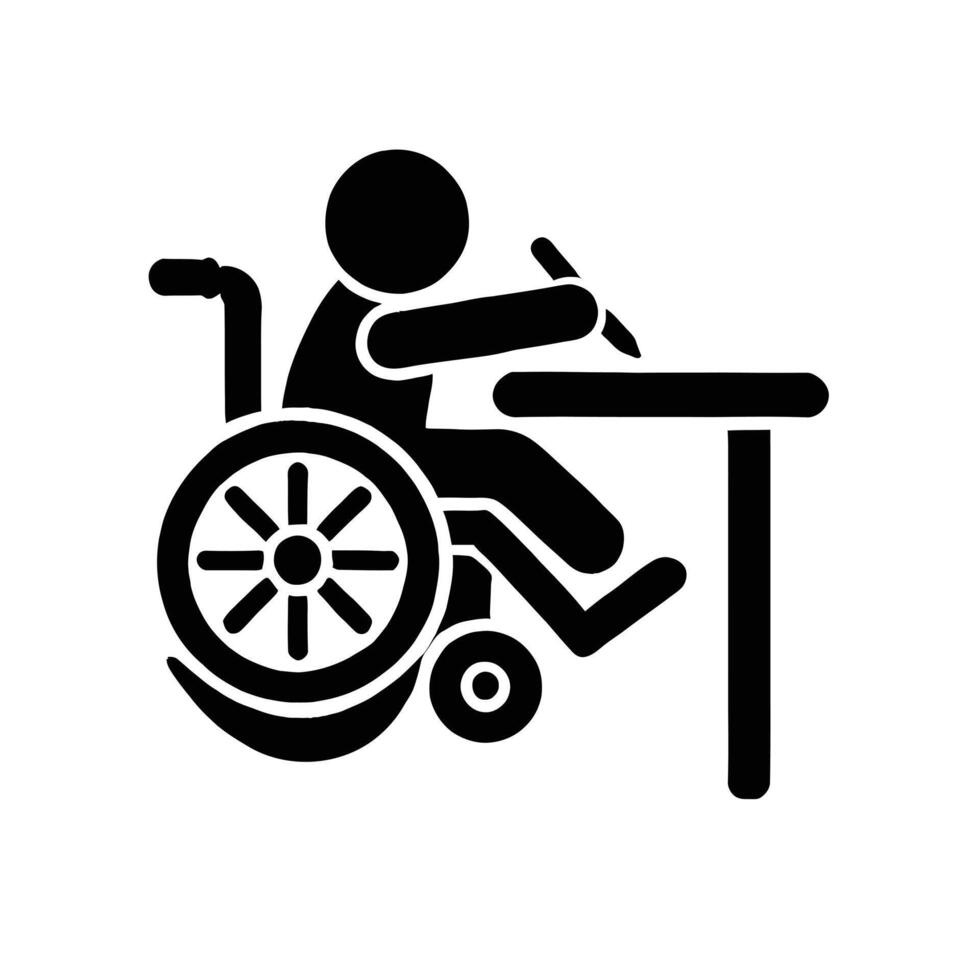 A black and white icon of a person in a wheelchair writing vector
