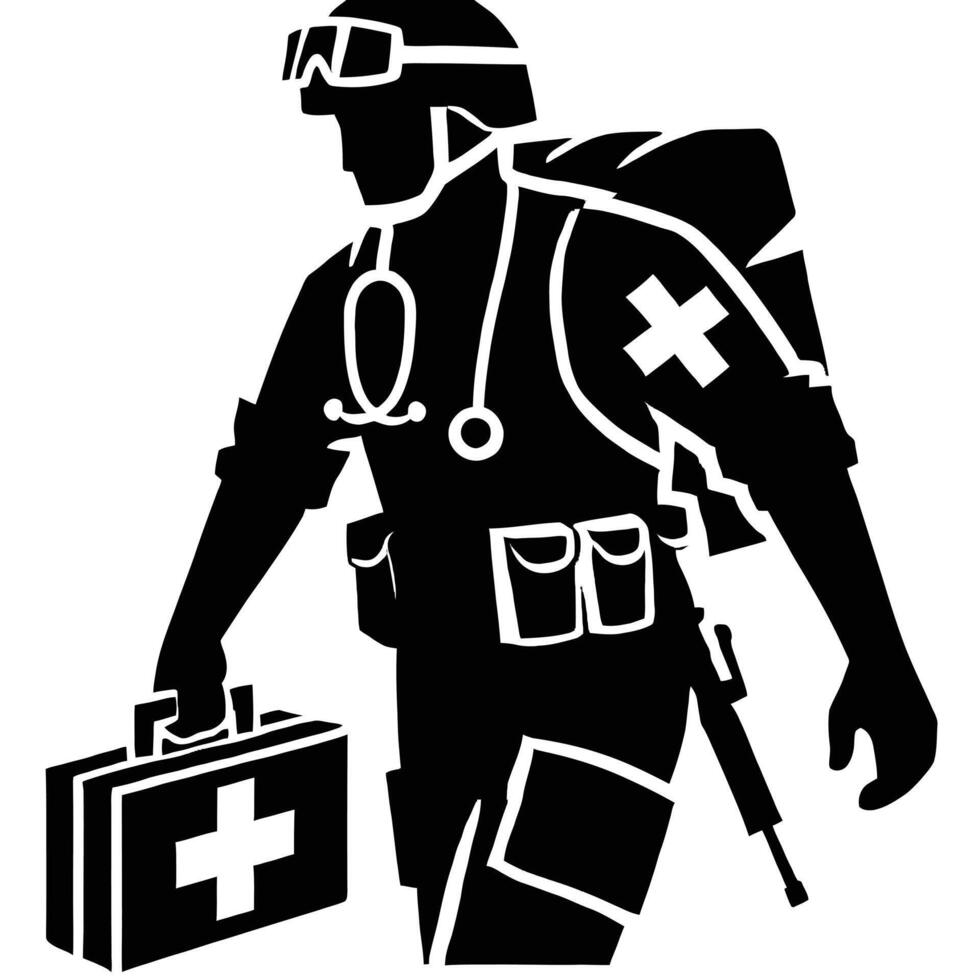 A silhouette of a soldier carrying a first aid kit vector