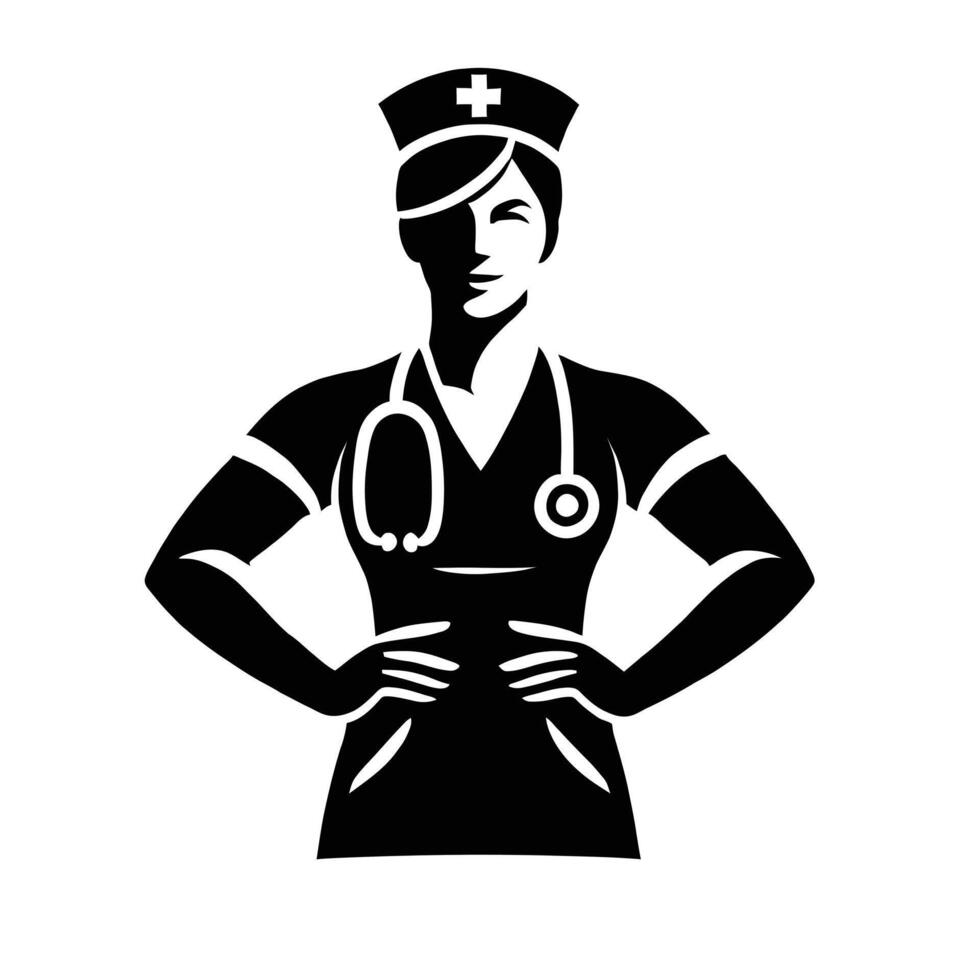 A black and white silhouette of a nurse vector