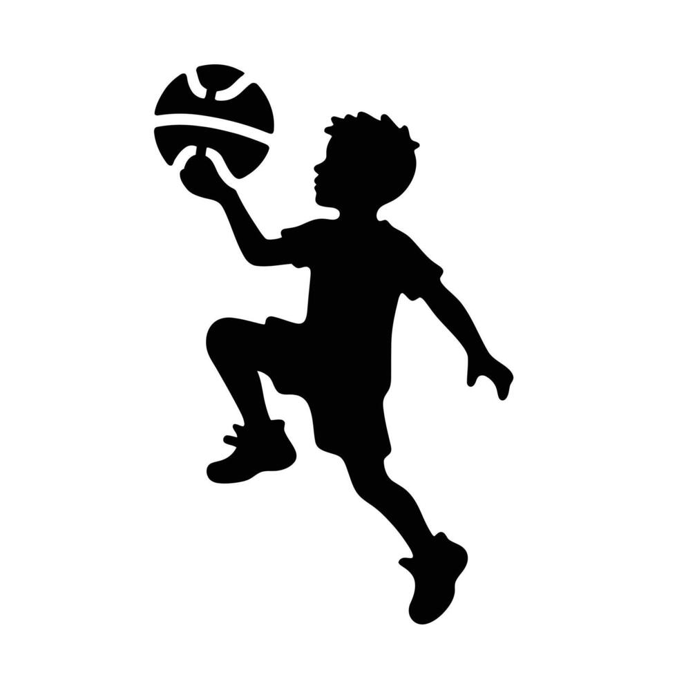 A silhouette of a boy playing basketball vector